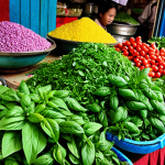 **

A vibrant Hanoi market scene filled with aromatic herbs like Thai basil, mint, and cilantro. Focus on the colors and textures of the fresh produce.

**
