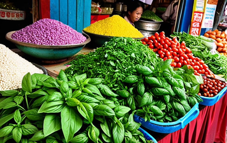 **

A vibrant Hanoi market scene filled with aromatic herbs like Thai basil, mint, and cilantro. Focus on the colors and textures of the fresh produce.

**