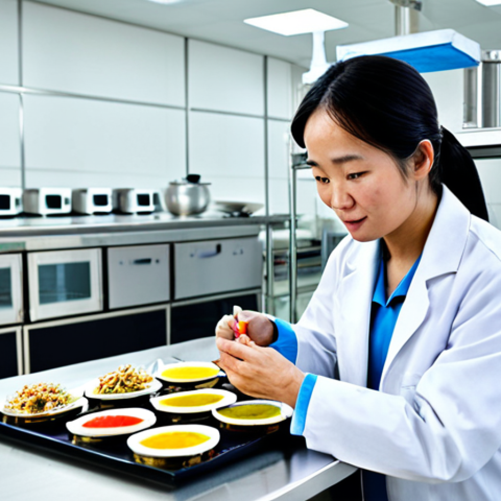 A professional food technologist, fully clothed in a modest lab coat over appropriate business attire, is meticulously examining a food sample under advanced scientific equipment in a gleaming, modern food research and development laboratory. The lab features sleek stainless steel surfaces and digital displays showing data. In the background, subtly visible traditional Vietnamese ingredients or elegantly packaged local food products hint at culinary heritage. This image captures innovation meeting tradition, safe for work, appropriate content, professional, perfect anatomy, correct proportions, natural pose, well-formed hands, proper finger count, natural body proportions.