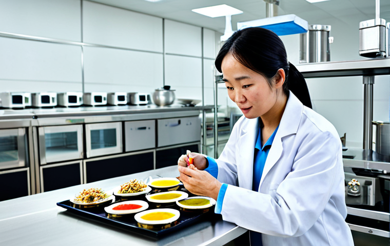 A professional food technologist, fully clothed in a modest lab coat over appropriate business attire, is meticulously examining a food sample under advanced scientific equipment in a gleaming, modern food research and development laboratory. The lab features sleek stainless steel surfaces and digital displays showing data. In the background, subtly visible traditional Vietnamese ingredients or elegantly packaged local food products hint at culinary heritage. This image captures innovation meeting tradition, safe for work, appropriate content, professional, perfect anatomy, correct proportions, natural pose, well-formed hands, proper finger count, natural body proportions.