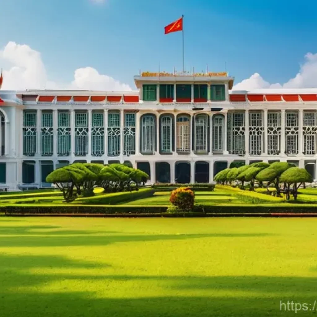 베트남 호치민 독립 궁전 - **Prompt 1: Independence Palace Exterior and Lush Gardens**
    A grand, wide-angle shot of the Inde...