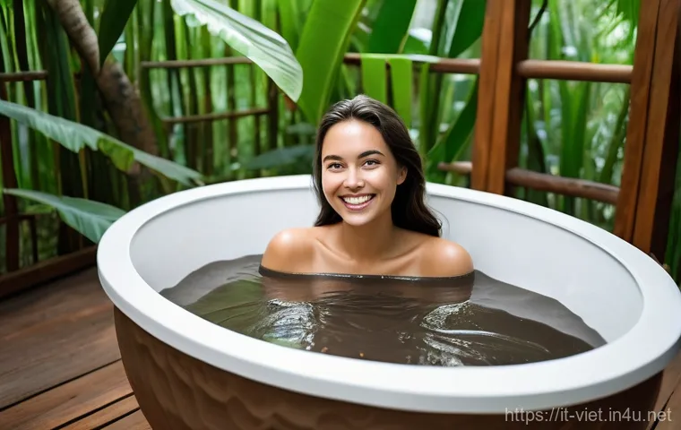 베트남 나트랑 머드 스파 - **Prompt:** A luxurious and private mud bath for a couple in a modern Nha Trang resort. A diverse co...