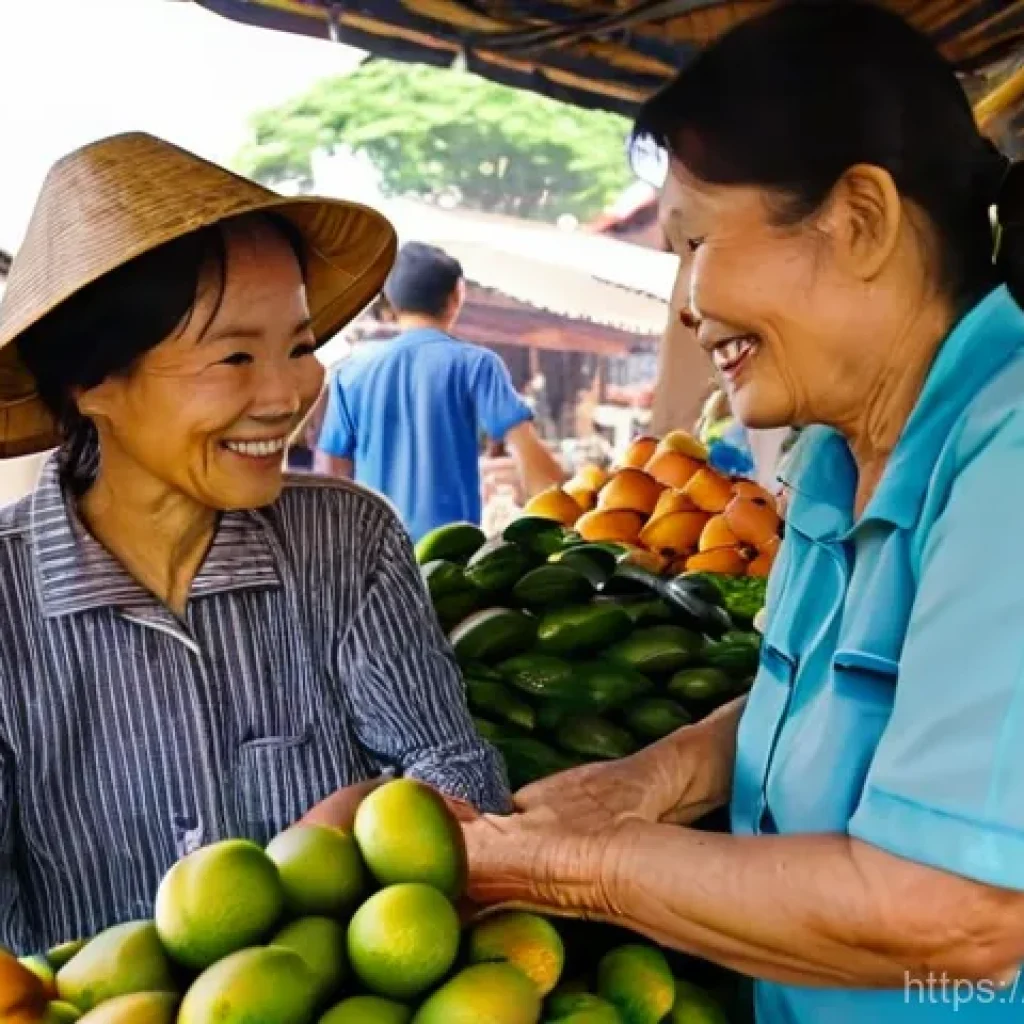 베트남 언어 가이드북 - **Prompt:** A vibrant, bustling outdoor market in Hoi An, Vietnam. An Italian woman traveler in her ...