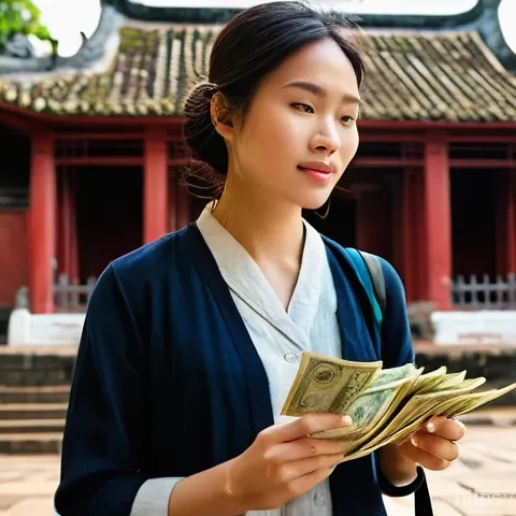 베트남 여행 시 환전 팁 - **Prompt:** A discerning traveler, a woman in her late 20s or early 30s, stands respectfully in fron...