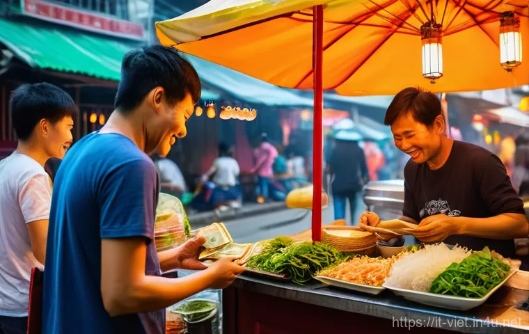 베트남 여행 시 환전 팁 - **Prompt:** A discerning traveler, a woman in her late 20s or early 30s, stands respectfully in fron...