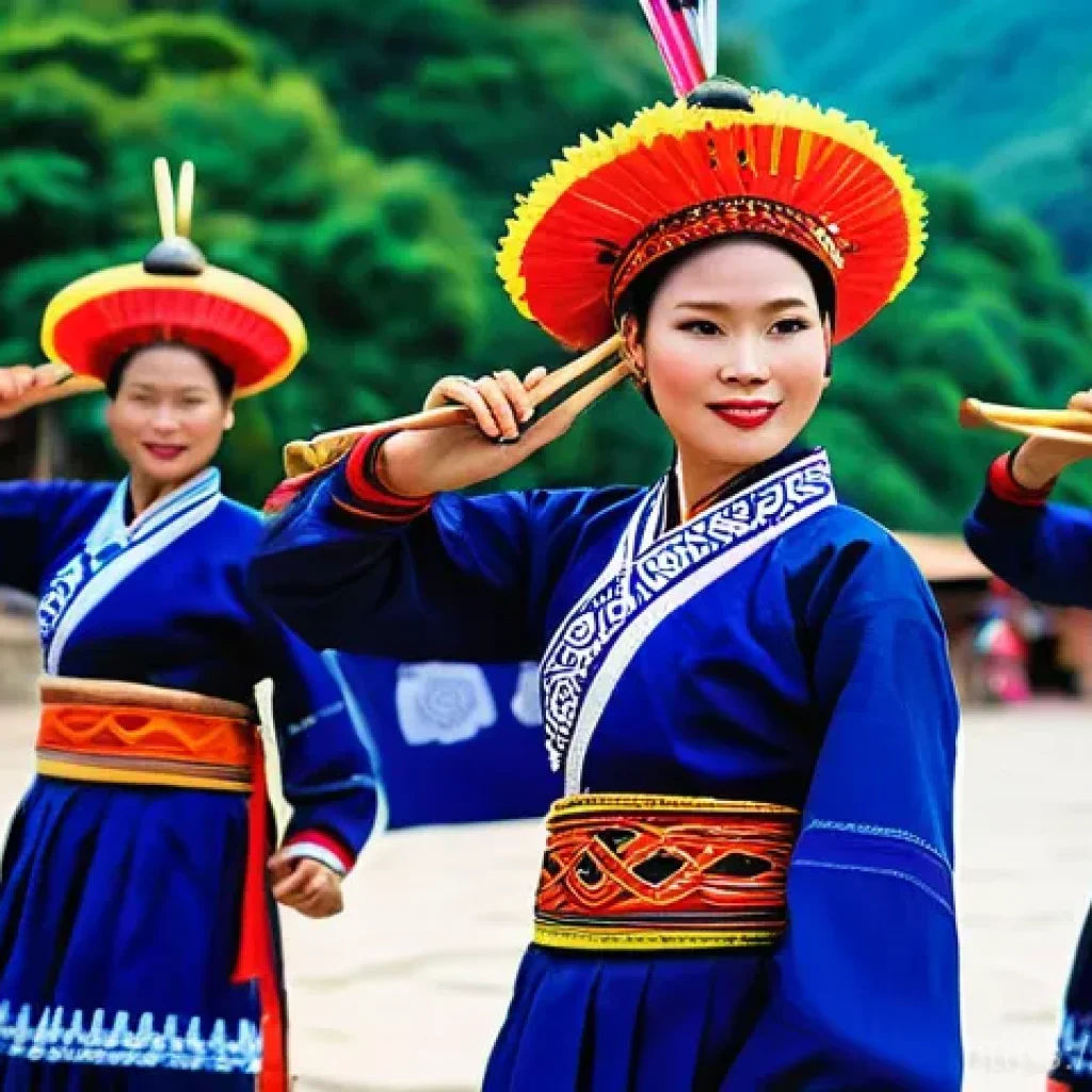 베트남 소수 민족 축제 - **Prompt: Hypnotic Rhythms and Sacred Dances**
    A vibrant outdoor scene depicting a traditional V...