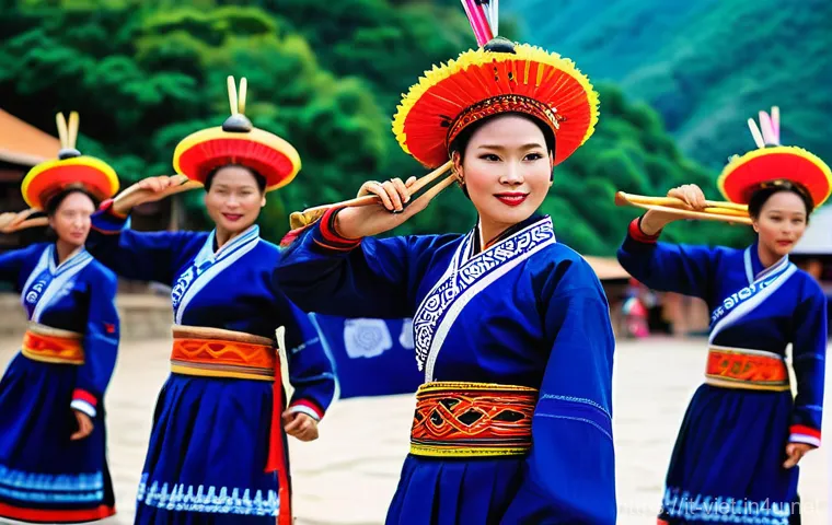 베트남 소수 민족 축제 - **Prompt: Hypnotic Rhythms and Sacred Dances**
    A vibrant outdoor scene depicting a traditional V...