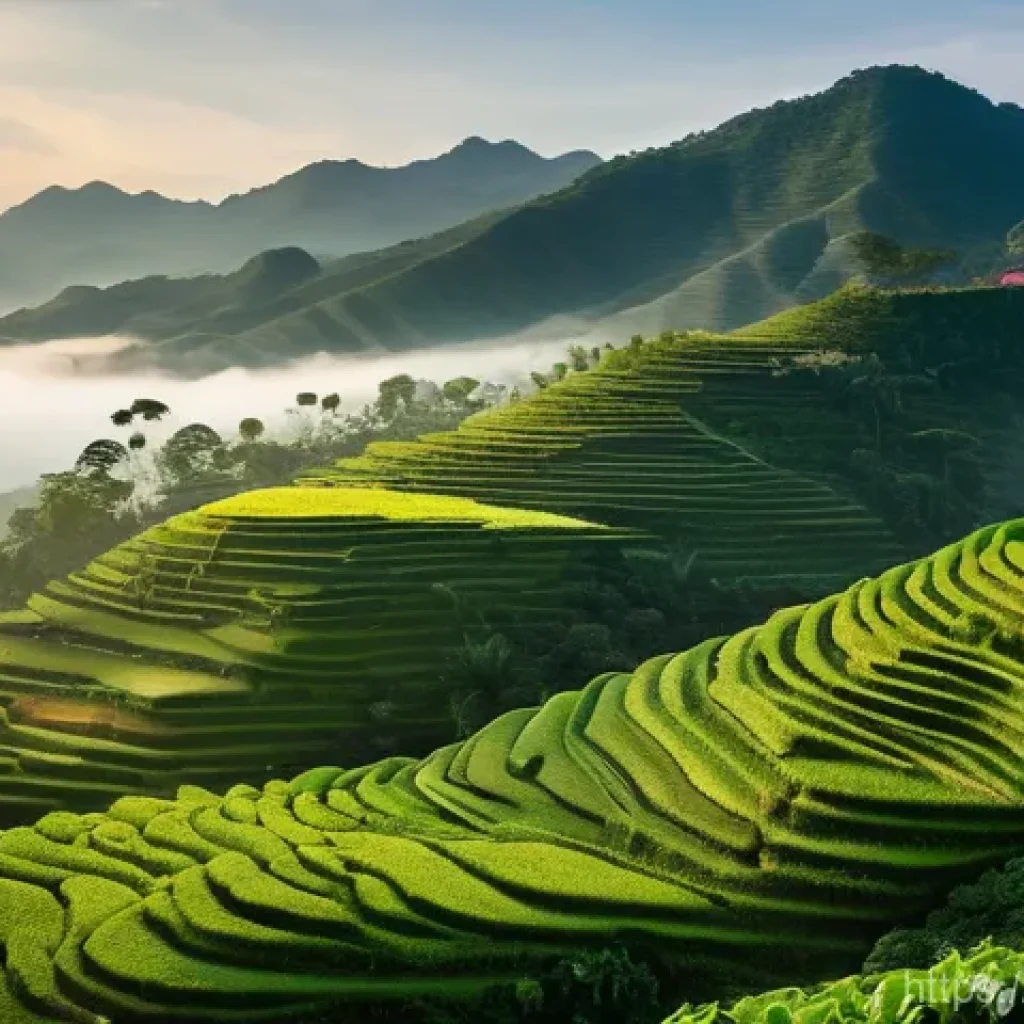 베트남 달랏 커피 생산지 - **"A serene, high-angle shot of the lush green Arabica coffee plantations cascading down gentle slop...
