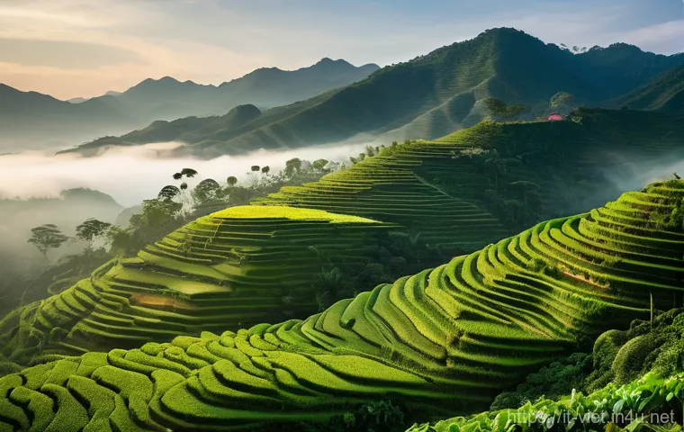 베트남 달랏 커피 생산지 - **"A serene, high-angle shot of the lush green Arabica coffee plantations cascading down gentle slop...