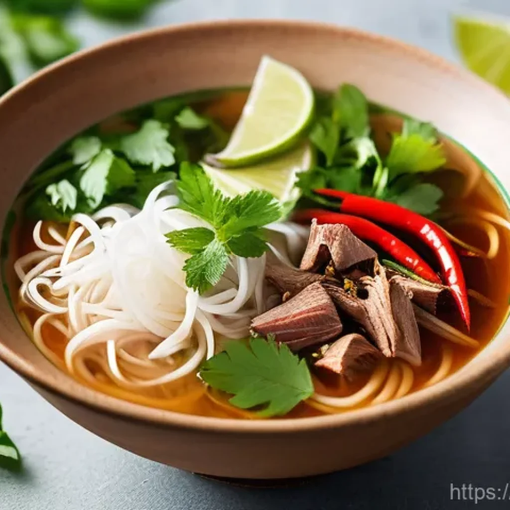 베트남 요리 클래스 - A close-up, highly detailed shot of an authentic Vietnamese Pho, steaming gently in a ceramic bowl. ...