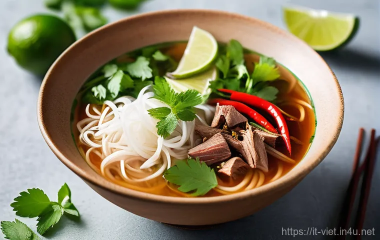 베트남 요리 클래스 - A close-up, highly detailed shot of an authentic Vietnamese Pho, steaming gently in a ceramic bowl. ...