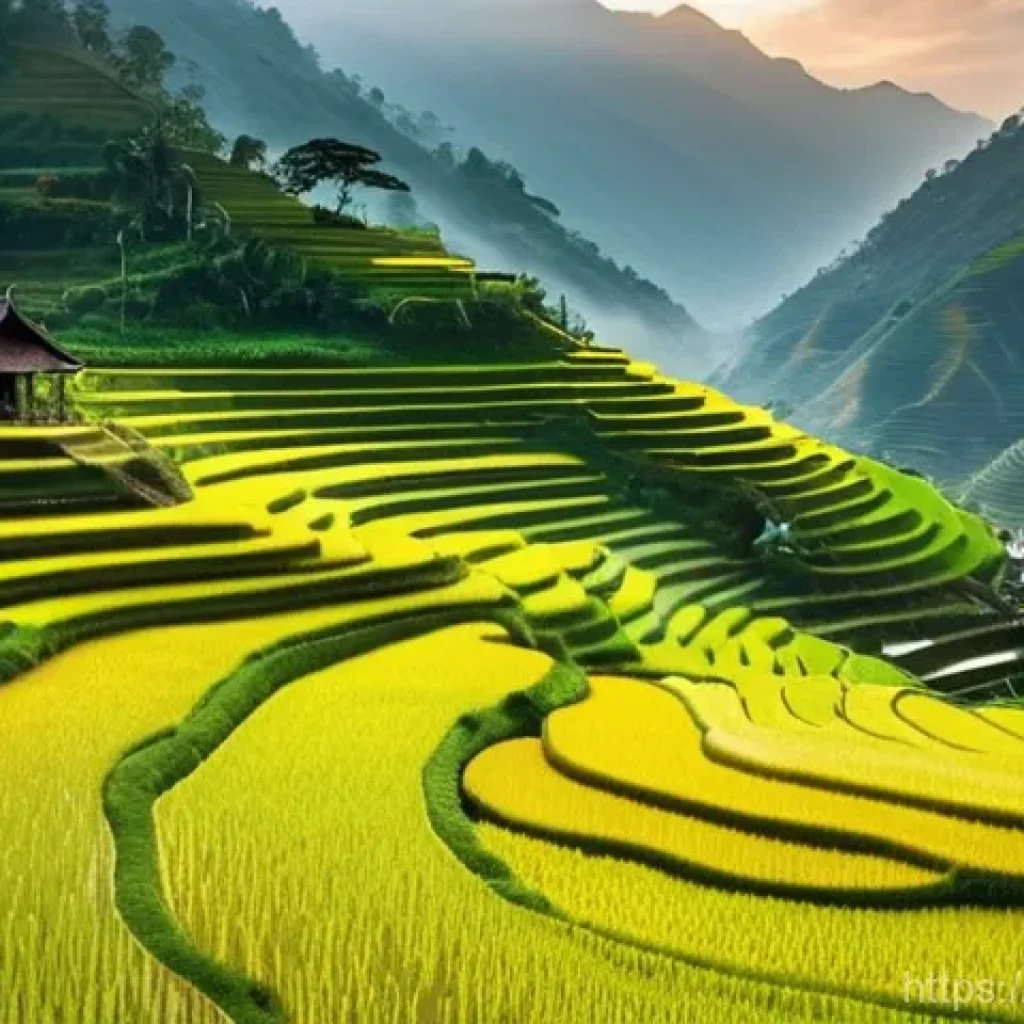 베트남의 계절별 여행지 추천 - **Prompt:** A serene and expansive panoramic view of the terraced rice fields in Sapa, Northern Viet...