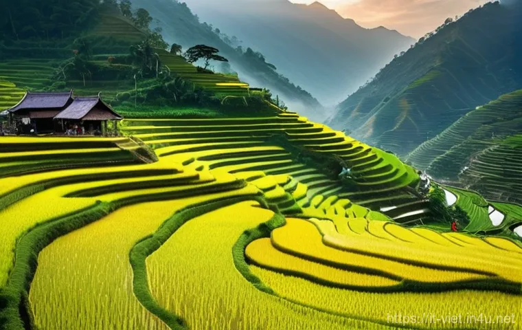 베트남의 계절별 여행지 추천 - **Prompt:** A serene and expansive panoramic view of the terraced rice fields in Sapa, Northern Viet...