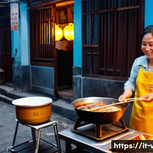 Home 30 베트남 현지 맛집 추천 - **Prompt:** "A vibrant, bustling street food scene in Hanoi's Old Quarter at dusk. Focus on a street...