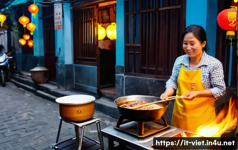 베트남 현지 맛집 추천 - **Prompt:** "A vibrant, bustling street food scene in Hanoi's Old Quarter at dusk. Focus on a street...