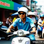 Home 21 베트남 모터바이크 대여 방법 - A bustling Vietnamese street scene in Ho Chi Minh City during daytime, featuring a young adult ridin...