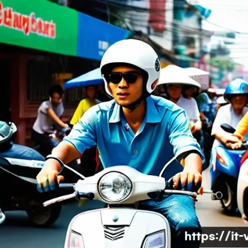 Home 15 베트남 모터바이크 대여 방법 - A bustling Vietnamese street scene in Ho Chi Minh City during daytime, featuring a young adult ridin...