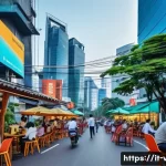 베트남 인터넷 속도 - A bustling urban street scene in Ho Chi Minh City showcasing modern digital infrastructure: fiber op...