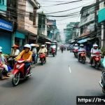 베트남 도로 교통법 - A bustling Vietnamese city street scene dominated by numerous motorbikes weaving fluidly among cars ...
