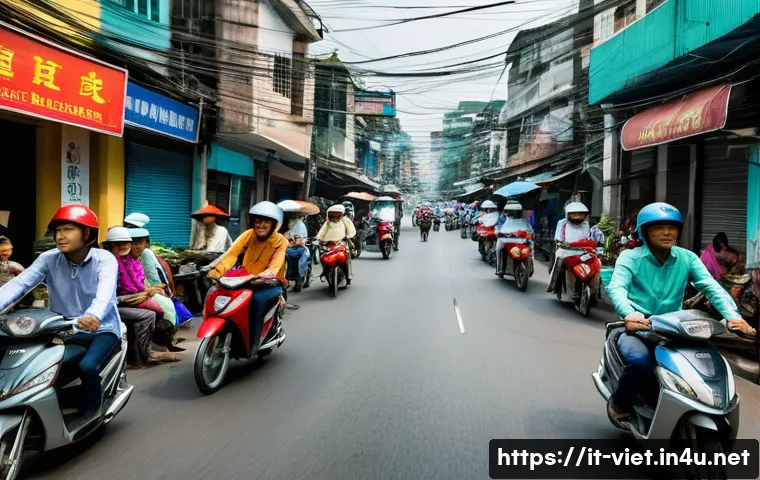 베트남 도로 교통법 - A bustling Vietnamese city street scene dominated by numerous motorbikes weaving fluidly among cars ...