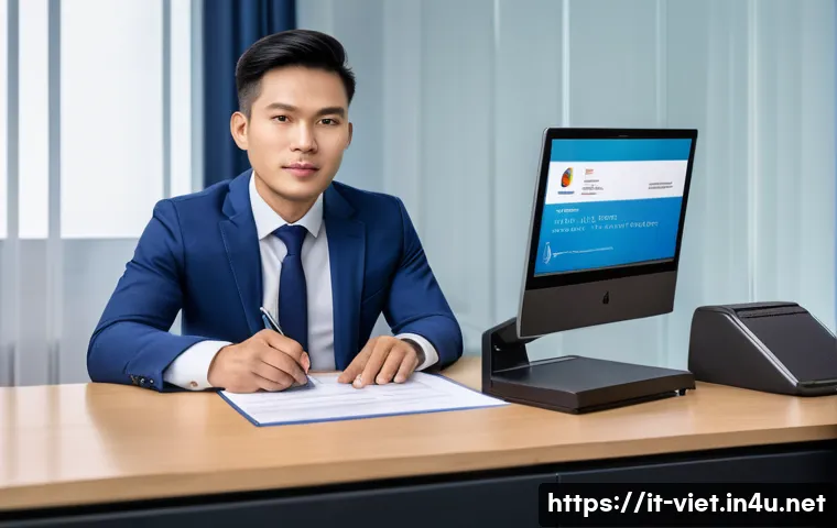 베트남에서 일하기 위한 비자 - A professional Vietnamese office scene showing a foreign worker in business attire sitting at a desk...