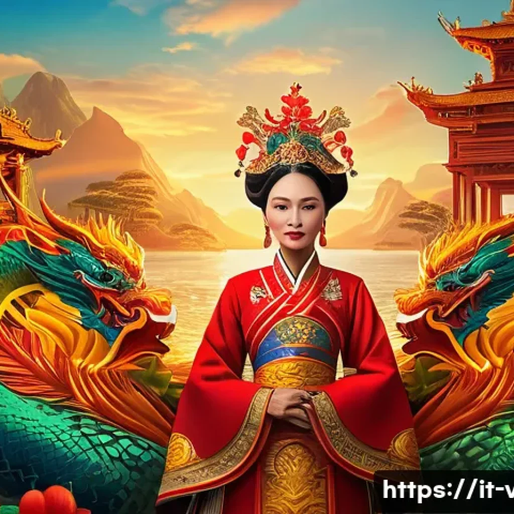 베트남의 주요 역사적 인물 - An epic historical scene depicting Queen &Acirc;u Cơ, a majestic Vietnamese woman wearing traditional roya...