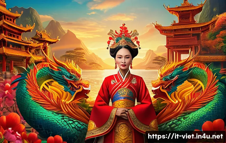 베트남의 주요 역사적 인물 - An epic historical scene depicting Queen Âu Cơ, a majestic Vietnamese woman wearing traditional roya...