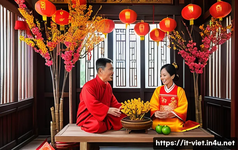 베트남 공휴일 목록 - A vibrant Vietnamese Lunar New Year (Tet Nguyen Dan) family scene inside a traditional home: family ...