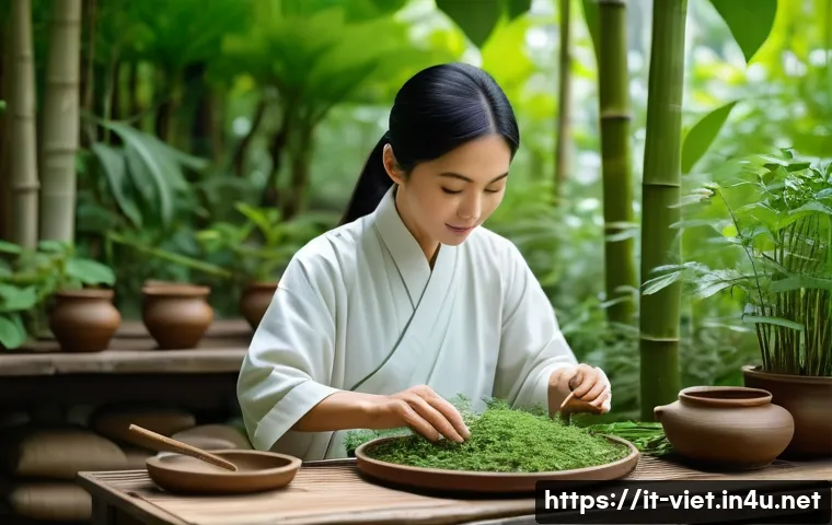 베트남 전통 의료법 - A serene Vietnamese traditional medicine practitioner in a peaceful herbal garden, surrounded by lus...