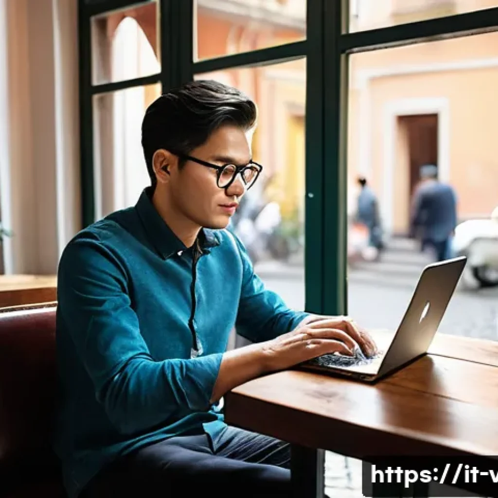 베트남 비자 발급 방법 - A modern traveler comfortably using a laptop at a cozy cafe in Rome, applying for a Vietnam e-visa o...