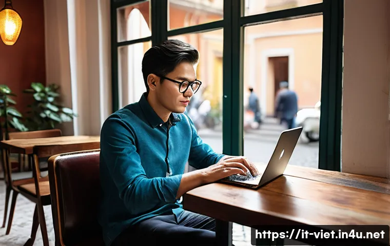 베트남 비자 발급 방법 - A modern traveler comfortably using a laptop at a cozy cafe in Rome, applying for a Vietnam e-visa o...