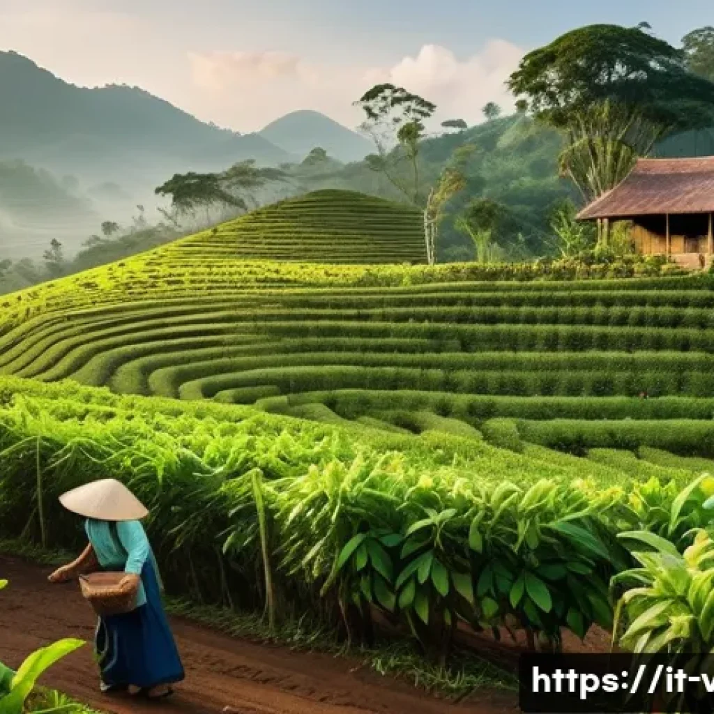 베트남에서 유명한 커피 브랜드 - A detailed scene of a traditional Vietnamese coffee plantation on lush green hills during early morn...