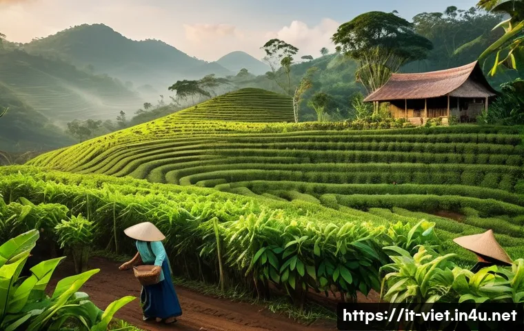 베트남에서 유명한 커피 브랜드 - A detailed scene of a traditional Vietnamese coffee plantation on lush green hills during early morn...