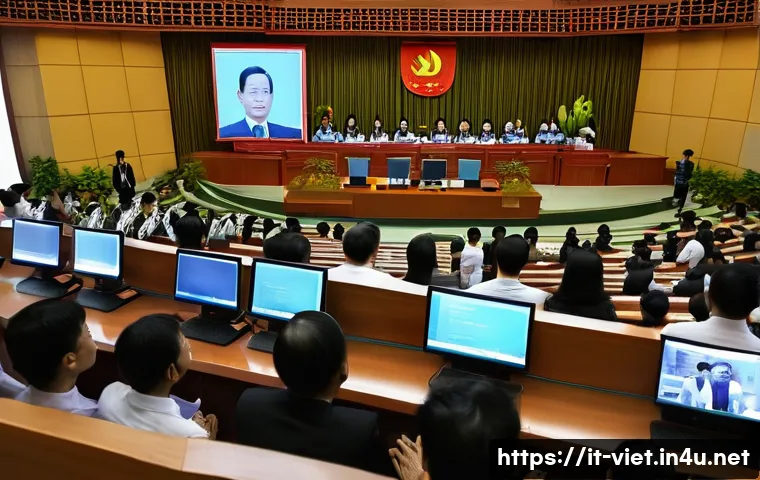 베트남에서 일어났던 중요한 소송 사건 - A modern courtroom scene in Vietnam showing a diverse group of judges, lawyers, and civil society ac...