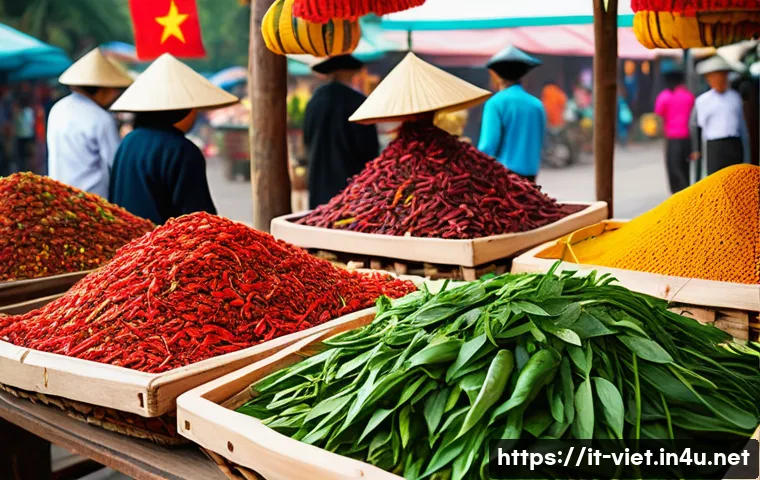 베트남 전통 시장 탐험 - A vibrant Vietnamese traditional market scene bustling with activity: colorful stalls displaying bri...