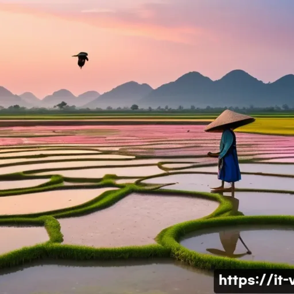 베트남 남딘 소금 농장 - A serene landscape of traditional salt pans in Nam Dinh at sunset, showcasing shallow, perfectly lev...
