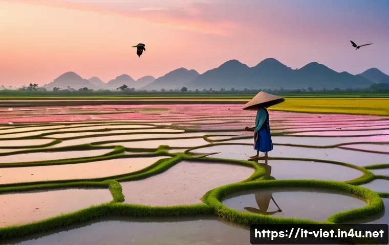 베트남 남딘 소금 농장 - A serene landscape of traditional salt pans in Nam Dinh at sunset, showcasing shallow, perfectly lev...