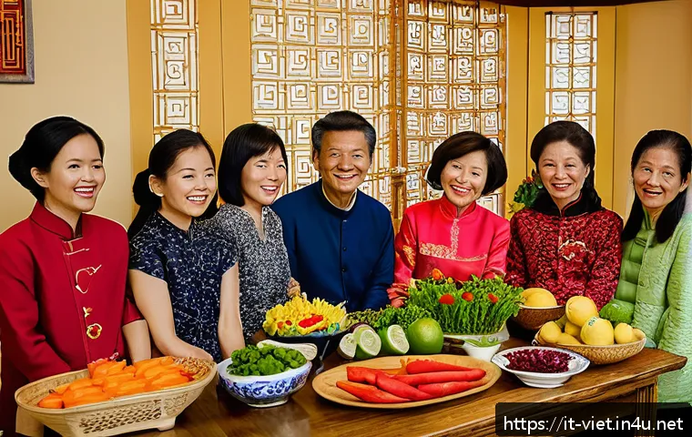 베트남과 한국의 문화 차이 - A warm and lively Vietnamese extended family gathering inside a traditional home decorated for Tet N...