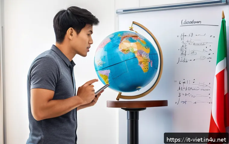 베트남어 발음 팁 - A detailed and vibrant classroom scene showing an Italian adult learner attentively practicing Vietn...