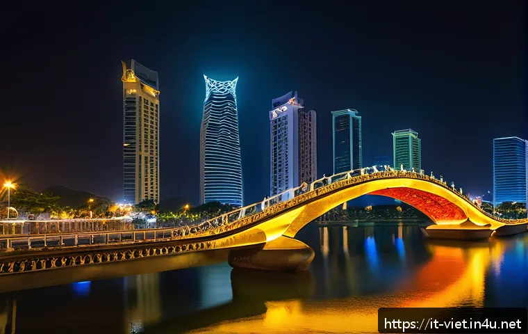 베트남 다낭 용다리 - A breathtaking night scene of the Dragon Bridge in Da Nang, Vietnam, illuminated with vibrant, color...