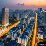 Home 21 베트남 내 부동산 투자 정보 - A vibrant aerial view of Ho Chi Minh City’s skyline at sunset, showcasing modern luxury residential ...