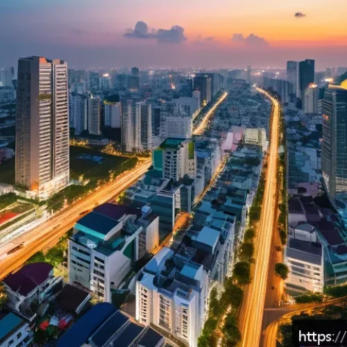 Home 33 베트남 내 부동산 투자 정보 - A vibrant aerial view of Ho Chi Minh City’s skyline at sunset, showcasing modern luxury residential ...