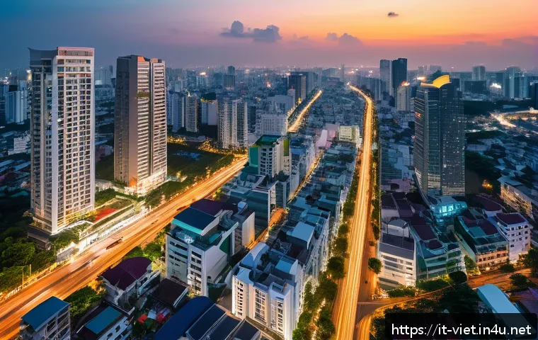 베트남 내 부동산 투자 정보 - A vibrant aerial view of Ho Chi Minh City’s skyline at sunset, showcasing modern luxury residential ...