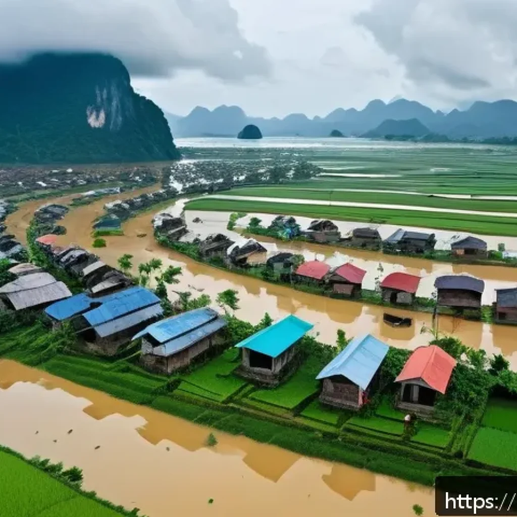 베트남에서 발생한 큰 홍수 - A detailed aerial view of a Vietnamese coastal village during a monsoon flood, showing flooded rice ...