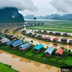 Home 20 베트남에서 발생한 큰 홍수 - A detailed aerial view of a Vietnamese coastal village during a monsoon flood, showing flooded rice ...