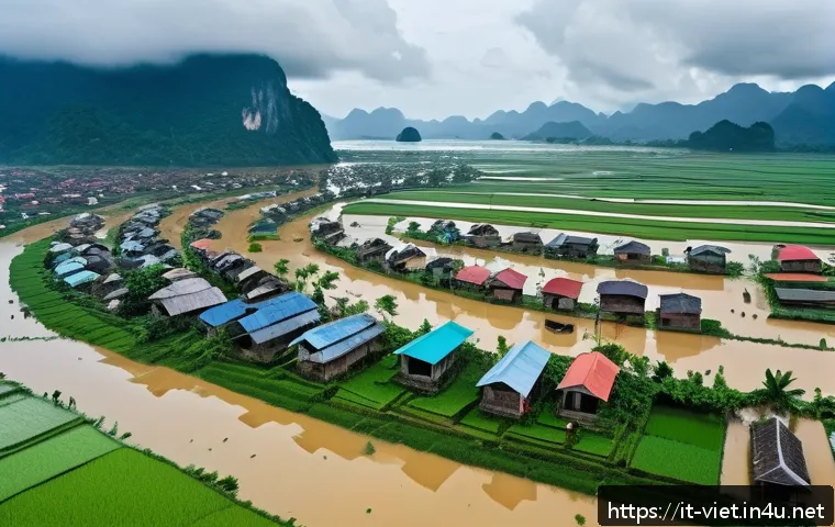 베트남에서 발생한 큰 홍수 - A detailed aerial view of a Vietnamese coastal village during a monsoon flood, showing flooded rice ...