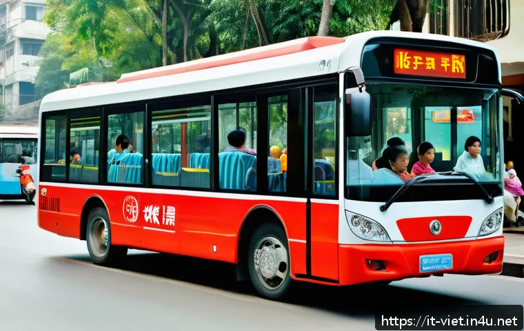 베트남 버스 시스템 이해하기 - A bustling Vietnamese city street scene featuring a modern air-conditioned public bus with clear rou...