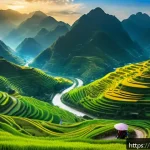 Home 18 베트남 관광 산업 성장세 - A breathtaking panoramic view of Ha Giang province in northern Vietnam during golden hour, showcasin...