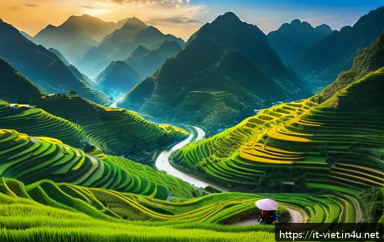 베트남 관광 산업 성장세 - A breathtaking panoramic view of Ha Giang province in northern Vietnam during golden hour, showcasin...