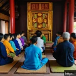 Home 23 베트남에서 피해야 할 행동 - A respectful scene inside a Vietnamese temple showing a diverse group of visitors dressed modestly w...